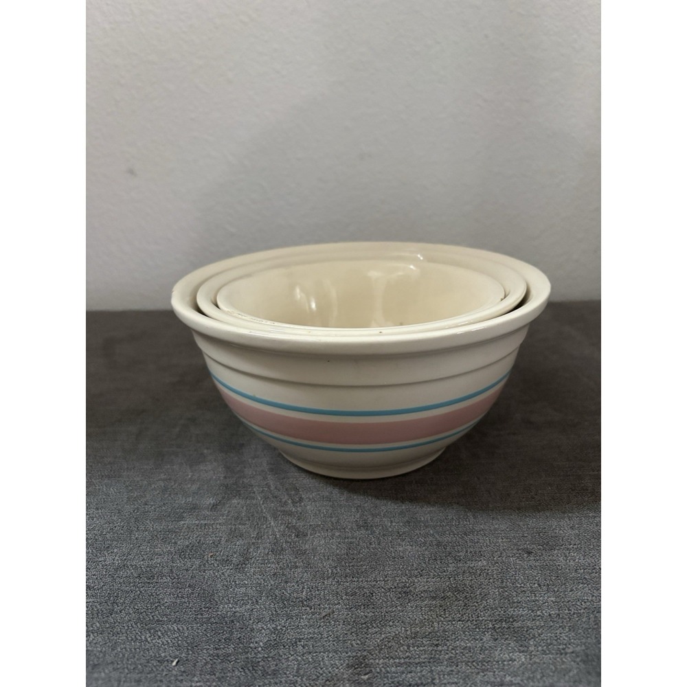 McCoy Vintage Nesting Mixing Bowls Set Of 3 Pink & Blue Stripe Sizes 6in 7in 8in